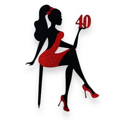 the silhouette of a woman holding a red number forty sign in her right hand and wearing high heeled shoes