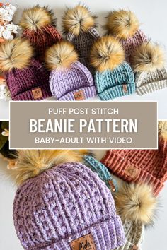 the beanie pattern for baby - adult knitted hats with pom poms