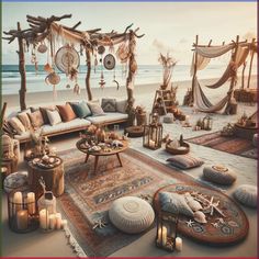 a living room filled with lots of furniture and decor on top of a sandy beach