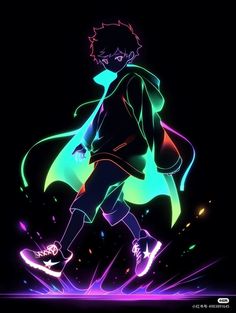 an animated image of a man running in the dark with neon colors on his shirt