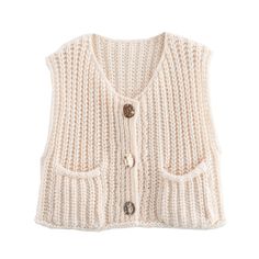 a white knitted vest with buttons on the front