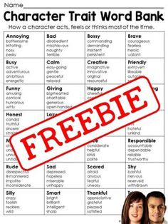 a poster with the words freebie on it and a red stamp that says character trap word bank