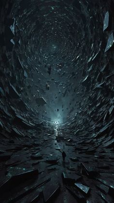 a man standing in the middle of a tunnel filled with shattered glass shards, looking up into the sky