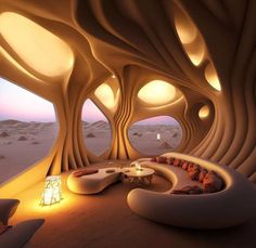 the interior of a futuristic living room with round couches