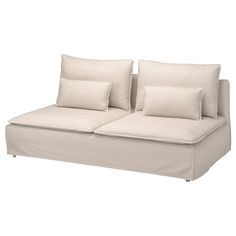 a white couch with two pillows on it's back and one arm facing the camera