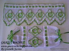 two pieces of green and white lace with flowers on them, one piece is made from crochet