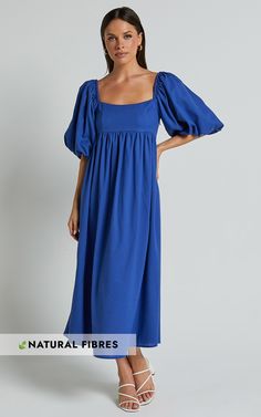 Cenia Midi Dress - Linen Look Straight Neck Shirred Back Puff Sleeve Dress in Bright Blue | Showpo USA Basic Black Dress, Spring Maxi Dress, Blue Dress Short, Bachelorette Dress, Neon Outfits, Navy Bridesmaid Dresses, Long Sleeve Knit Dress, Sparkle Dress, Puffed Sleeves Dress