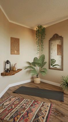 a room with a rug, mirror and potted plant