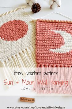 two crocheted rugs sitting next to each other with the text free crochet pattern sun and moon wall hanging