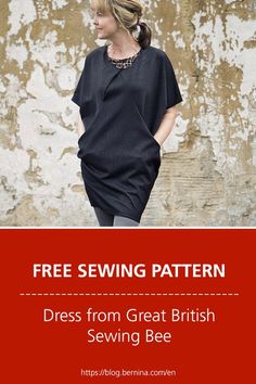 a woman wearing a black dress with the text free sewing pattern, dress from great british sewing bee