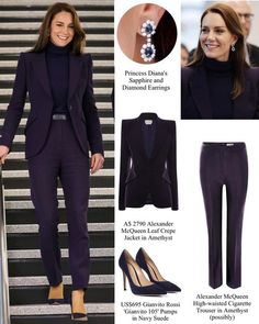 queen letizia of spain wearing purple pantsuits and black blazer with heels