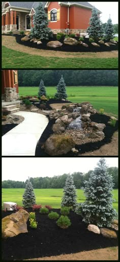 three different views of a house with trees in the front yard and landscaping around it