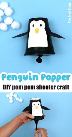 this penguin paper diy pom - pom shooter craft is so cute and easy to make