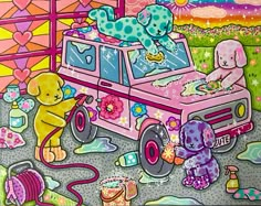 a painting of a pink truck with two dogs in the bed and other toys around it