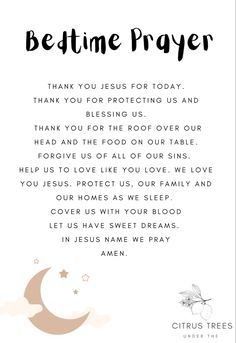 a card with the words bedtime prayer written in black ink on white paper and stars