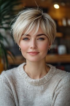 34. Soft Layered Pixie with Pearl Blonde (Short Hairstyles With Layers) - Short Hairstyles With Layers Short Pixie Bob Hairstyles, Short Hairstyles With Layers, Short Hair Layers, Blonde Short Hairstyles, Hairstyles With Layers, Texture Layers, Hairstyles For Fat Faces, Layered Pixie, Pearl Blonde