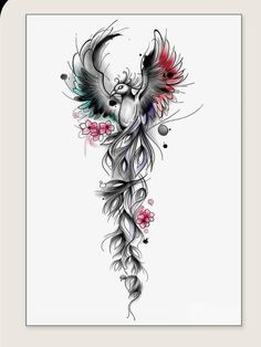 an artistic tattoo design with feathers and flowers