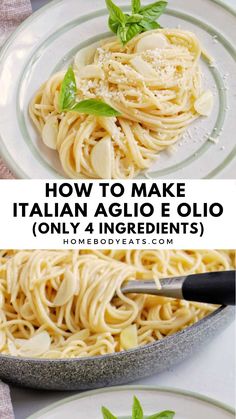 two plates with pasta and basil leaves on them, the top one is being cooked