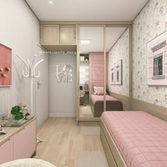 a bedroom with pink and white decor in the corner, along with two twin beds