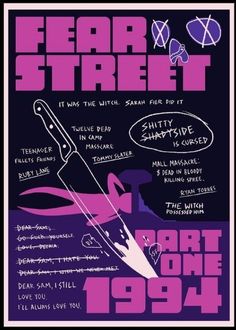 the poster for fear street is shown in purple and black