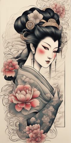 Imagen de un tatuaje japonés con estilo de arte Blackwork sobre un lienzo en blanco. El diseño está lleno de color, destacando los detalles intrínsecos y la vibrante paleta tradicional japonesa. Geisha Tattoo, Japanese Tattoo, A Color, Blackwork, Coloring Books, Tattoo Designs, Tattoos, Pins, Color