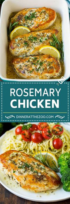 rosemary chicken with pasta and tomatoes in a casserole dish