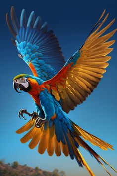 a colorful parrot flying through the air with it's wings spread wide and outstretched