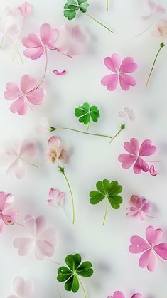 many pink and green flowers on a white background