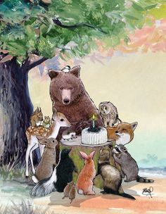 there is a bear and many other animals around a cake on a table with a tree in the background