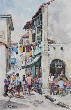 an oil painting of people walking down the street