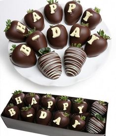 chocolate covered strawberries are arranged on a plate with the words happy birthday written on them