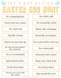 Do your kids need to burn some energy? Check out this free printable filled with Easter Egg Hunt activities to add to your eggs. Get out and have fun and be active this Easter! Easter Egg Letter Hunt, Easter Egg Hunt Checklist, Easter Bunny Hunt Ideas, Easter Challenges For Kids, Easter Bunny Came To The House Ideas, Easter Activities For Kids Classroom, Adult Egg Hunt Ideas, Outdoor Easter Activities, Indoor Easter Egg Hunt Ideas