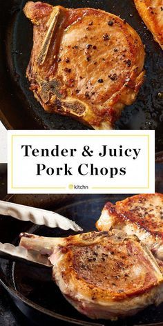 tender and juicy pork chops in a skillet with the title text overlay reads tender and juicy pork chops