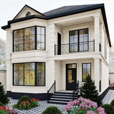 a white two story house with lots of windows