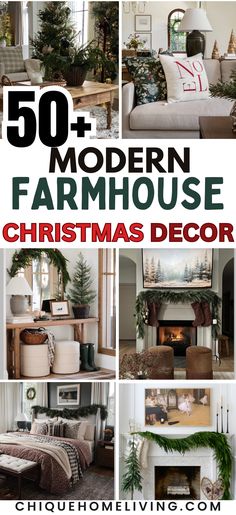 the cover of 50 modern farmhouse christmas decor book, with pictures of living room furniture and fireplace