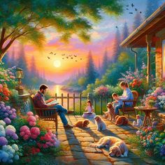 a painting of people sitting on a bench with their dogs in front of the sunset