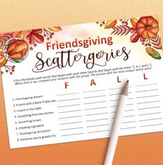 a printable thanksgiving scatterer is on top of a table with a pen