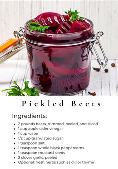 pickled beets in a glass jar with ingredients labeled on the top and bottom