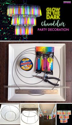 glow in the dark chandelier party decoration with supplies and instructions to make it