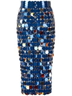 Button closure. Embellished with sequin discs. All over embellishment placement may vary. Model is wearing a size36 Embellished Midi Skirt, Maxi Sequin Skirt, Sequin Midi Skirt, Midi Skirt Pencil, Paco Rabanne, Electric Blue, High Fashion, Metallica, Sequin Skirt