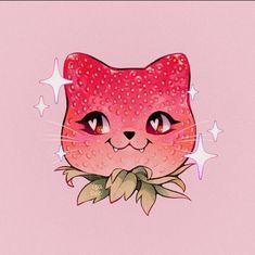 a drawing of a cat with stars on it's head and eyes, sitting in front of a pink background