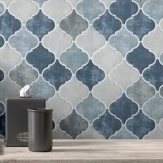 a blue and white tiled wall next to a trash can with a tissue dispenser