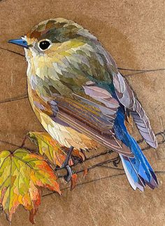 a painting of a bird sitting on top of a branch with leaves in front of it