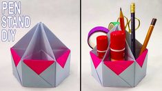 an origami pen stand is shown with scissors and pencils in the holder