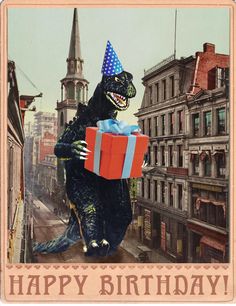 a happy birthday card with a dinosaur holding a gift box in the middle of town