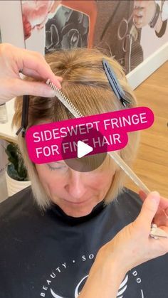 Sonna Jean Brado on Instagram: "What do you do if your client has fine hair and wants a full fringe? PIVOT!😂👍(I couldn’t resist)  But seriously, pivoting your sections helps develop weight because it moves the distribution of the hair from overdirected into natural fall.. all you have to do is allow the partings to dictate the movement and you will end up with a beautiful, full fringe🥰 @angelbladescissors  . . . #finehair #sidesweptbangs #sidesweptfringe #layeredbob #hairofinstagram #hairbrained_official"