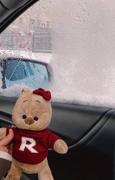 a teddy bear wearing a red sweater is sitting in the driver's seat