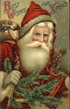 a painting of santa claus holding a christmas wreath