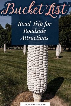 a sign that says bucket list road trip for roadside attractions with corn on the cob