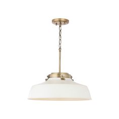 a light fixture with a white shade on the bottom and chain hanging from it's side